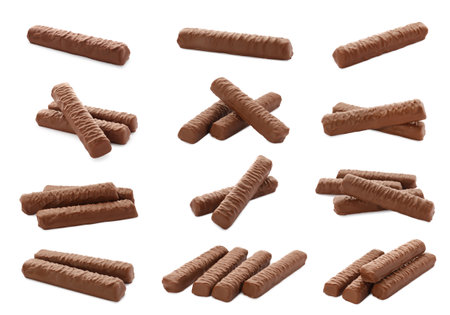 Collage with chocolate bars isolated on whiteの写真素材