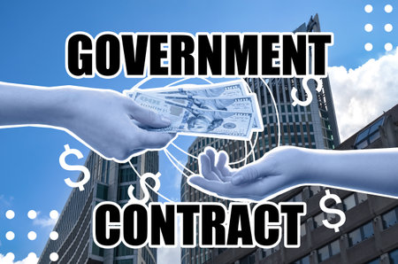 Government contract. Collage with photo of woman giving dollars and buildingsの写真素材