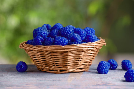 Many fresh blue raspberries in wicker bowl on table, closeupの写真素材