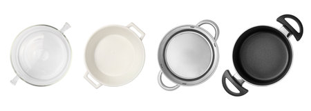 Set with different pots isolated on white, top viewの写真素材