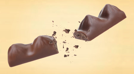 Broken chocolate bar in air on beige background, banner designの写真素材