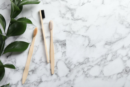 Bamboo toothbrushes and green branch on white marble table, flat lay. Space for textの写真素材