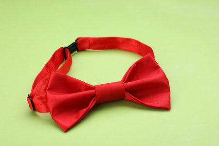 Stylish red bow tie on light green background, closeupの写真素材