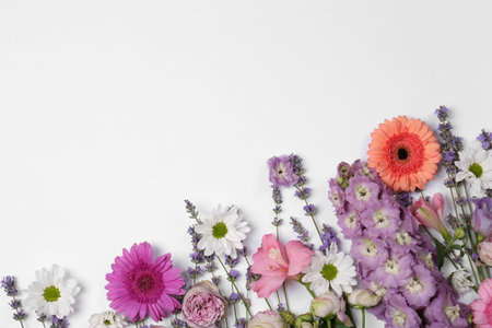 Flat lay composition with different beautiful flowers on white background, space for textの写真素材