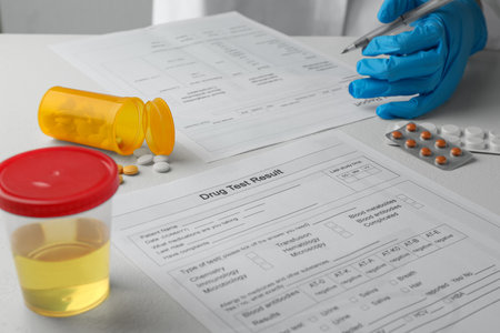 Laboratory worker filling drug test result form at table, closeupの写真素材