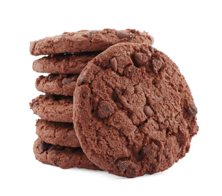 Stack of delicious chocolate chip cookies isolated on whiteの写真素材