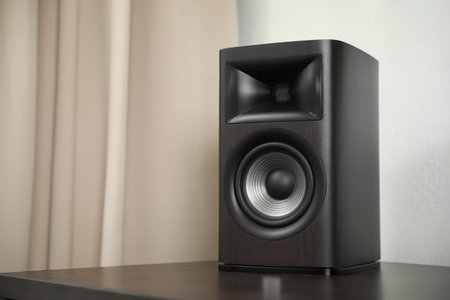 One sound speaker on table indoors. Space for textの写真素材