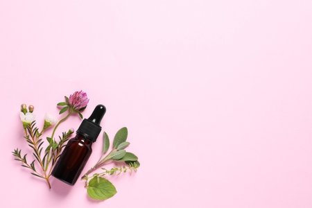 Bottle of essential oil, different herbs and flowers on pink background, flat lay. Space for textの写真素材