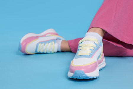 Woman wearing pair of new stylish sneakers on light blue background, closeupの写真素材