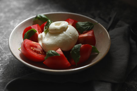 Delicious burrata cheese with tomatoes and basil on gray table, closeupの写真素材