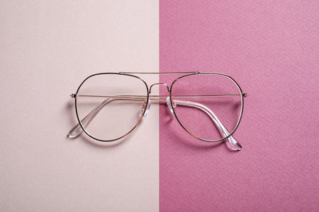 Stylish pair of glasses with metal frame on color background, top viewの写真素材