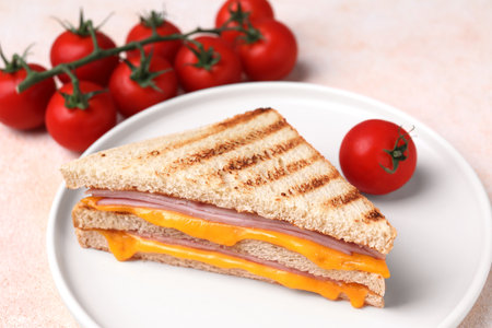 Delicious grilled sandwich with ham, cheese and tomatoes on light table, closeupの写真素材