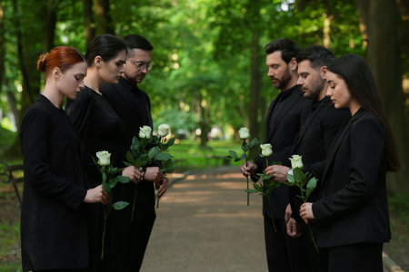 Funeral ceremony. Sad people with white rose flowers mourning outdoorsの写真素材