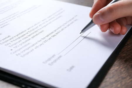 Woman signing document with pen at wooden table, closeupの写真素材