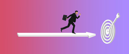Target achievement. Businessman running on arrow, leading him to dartboard on gradient color background, banner designの写真素材