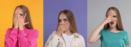 Collage with photos of embarrassed woman on different color backgroundsの写真素材