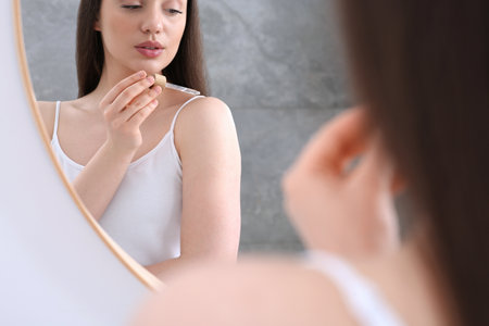 Woman applying essential oil onto shoulder near mirror, closeupの写真素材