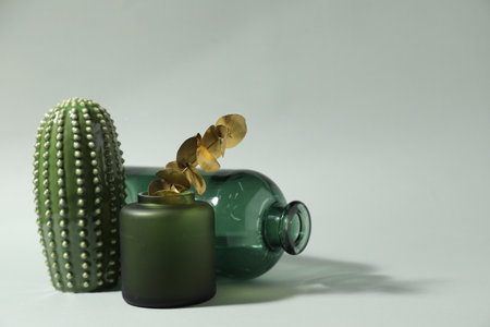 Beautiful vases, golden eucalyptus branch and decorative cactus on light gray background, space for...