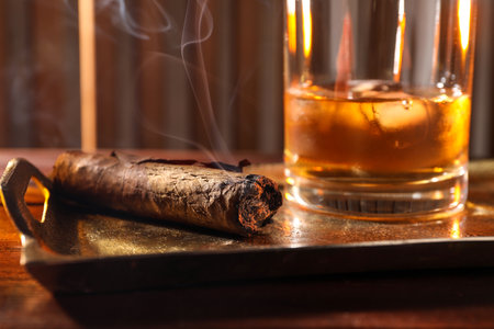 Tray with smoldering cigar and whiskey on wooden table, closeupの写真素材