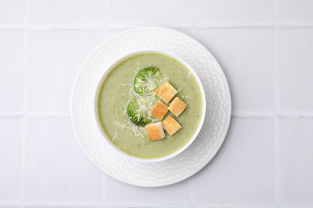 Delicious broccoli cream soup with croutons and cheese on white tiled table, top viewの写真素材