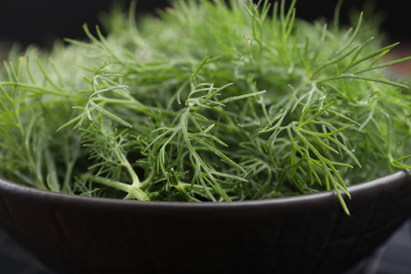 Bowl of fresh dill on table, closeup viewの写真素材