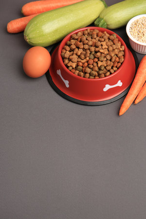 Dry pet food and products on black background, space for textの写真素材