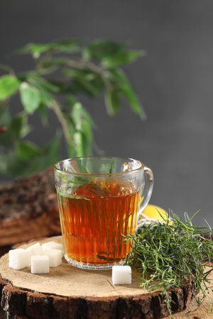 Aromatic herbal tea, fresh tarragon sprigs and sugar cubes on wooden stump, space for textの写真素材