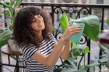 Happy young woman wiping beautiful houseplant leaf on balcony