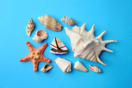 Beautiful starfish, decorative ship and shells on blue background, flat layの写真素材