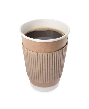 Paper cup with hot drink isolated on white. Coffee to goの写真素材