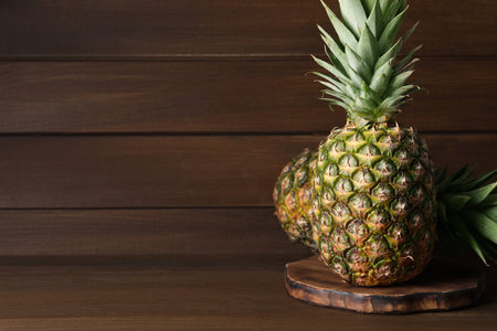 Whole ripe pineapples on wooden table, space for textの写真素材