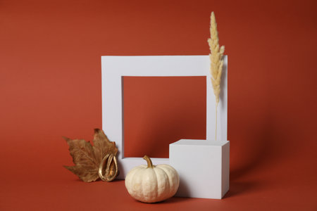 Stylish presentation for product. Geometric figures and autumn decoration on brown backgroundの写真素材