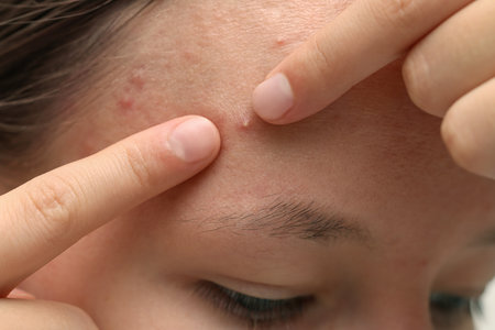 Young woman touching pimple on her face, closeup. Acne problemの写真素材