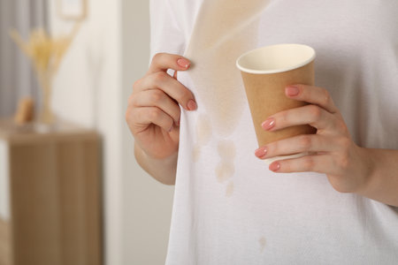Woman showing stain from coffee on her shirt indoors, closeup. Space for textの写真素材