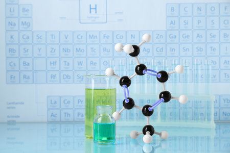 Molecular model and laboratory glassware on light surfaceの写真素材