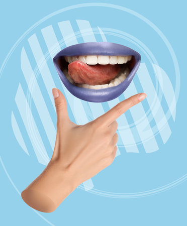 Stylish art collage. Smiling woman's mouth showing tongue above hand on light blue backgroundの写真素材