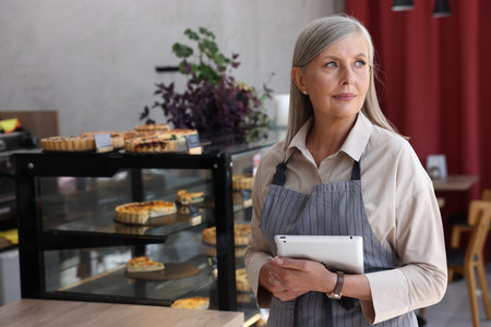 Business owner with tablet in her cafe, space for textの写真素材