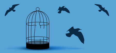 Freedom. Silhouettes of birds flying out of broken cage on light blue background, banner designの写真素材