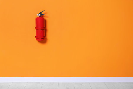 Red fire extinguisher on orange wall. Space for textの写真素材