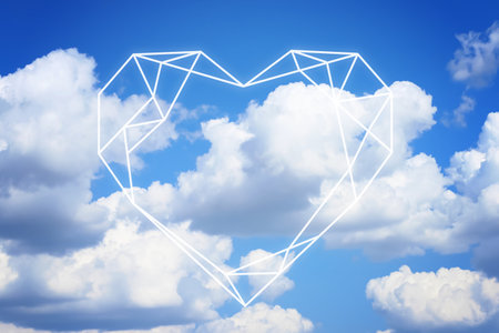 Stylish geometric heart shaped frame and beautiful sky with clouds