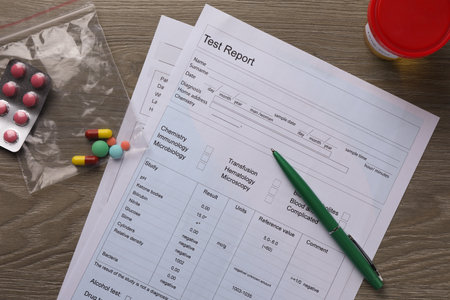Drug test result form, pen, container with urine sample and pills on wooden table, flat lay