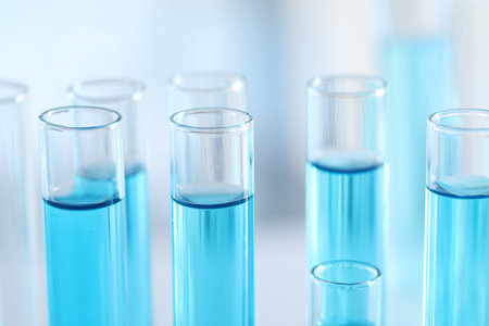 Test tubes with light blue liquid in laboratory, closeup