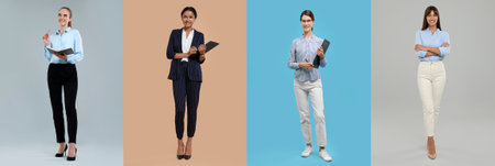 Collage with photos of beautiful secretaries on different color backgroundsの写真素材