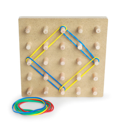 Wooden geoboard with rhombus made of colorful rubber bands isolated on white. Educational toy for motor skills developmentの写真素材