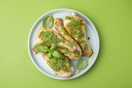 Delicious fried chicken drumsticks with pesto sauce and basil on green table, top viewの写真素材