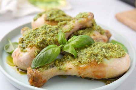 Delicious fried chicken drumsticks with pesto sauce and basil on table, closeupの写真素材