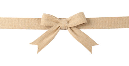 Ribbon and bow made of burlap fabric isolated on white, top viewの写真素材