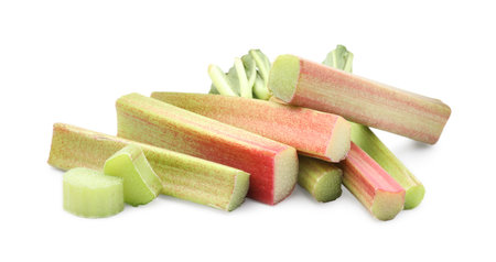 Cut fresh rhubarb stalks on white backgroundの写真素材