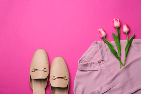 Stylish shirt, shoes and tulip flowers on pink background, flat lay. Space for textの写真素材