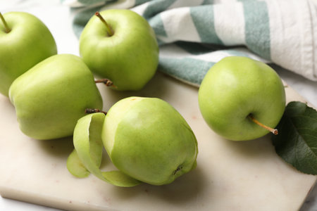 Ripe green apples on table, closeup viewの写真素材